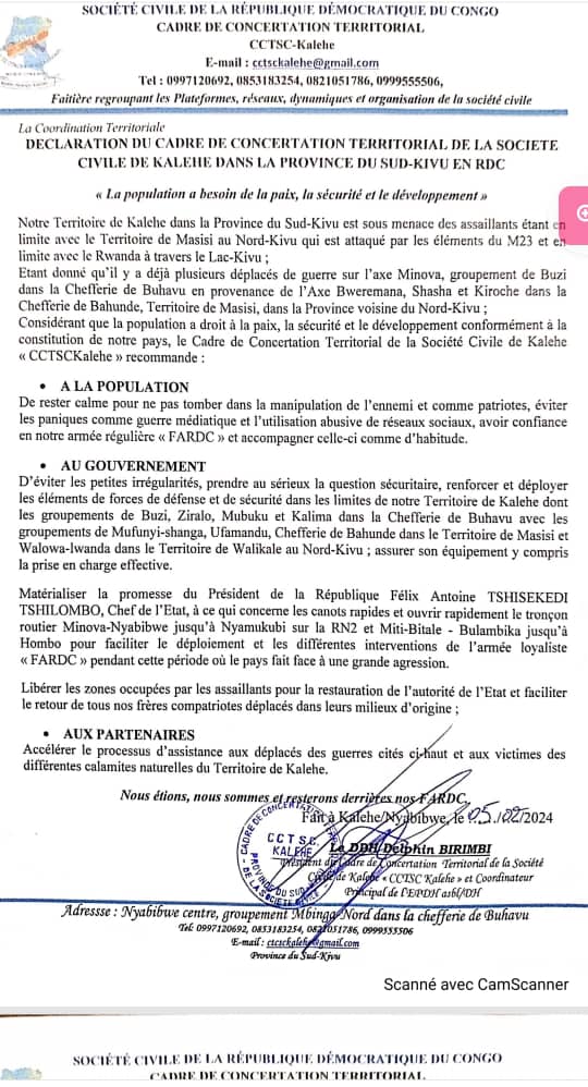 Sud-Kivu/Prétendue menace du M23 à Kalehe, le cadre de concertation de la société civile tire la sonnette d’alarme