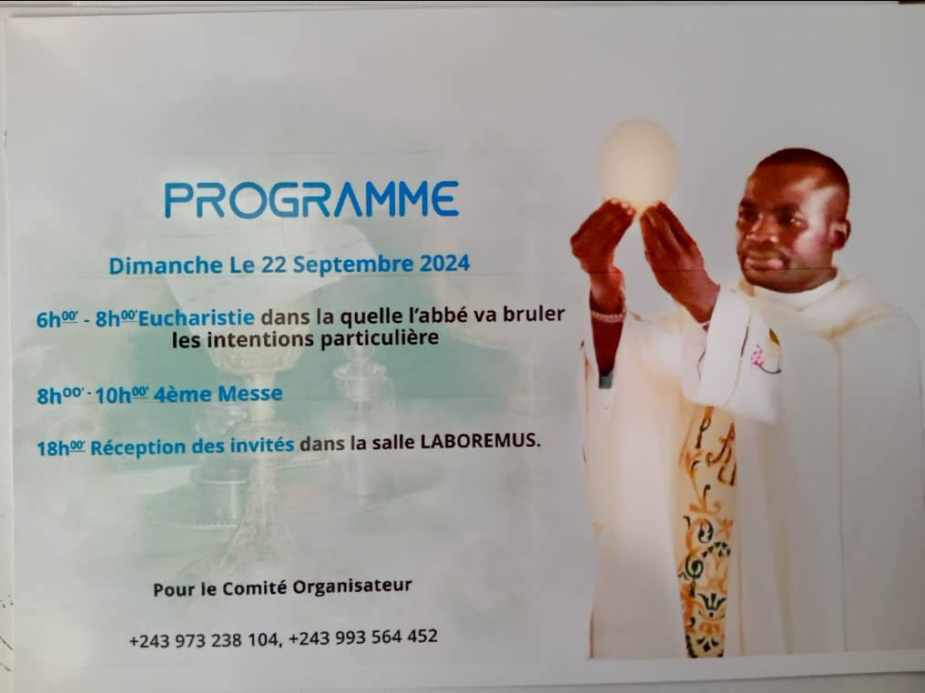 Uvira/Kamanyola : Des messes d’intention particulière annoncées par l’abbé P.Christian à l’occasion d’un an d’ordination sacerdotale.